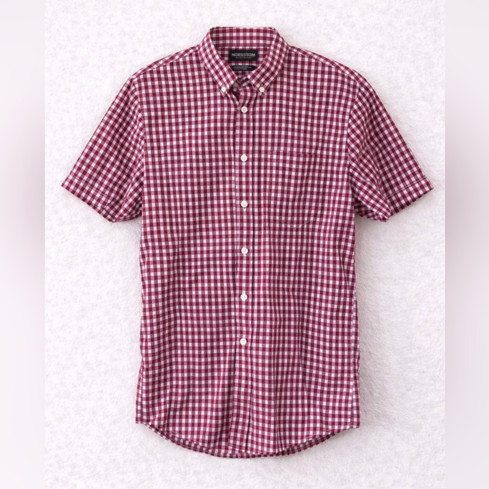 Nordstrom Men’s Red Gingham Short Sleeve Button Down Shirt Large Cotton Blend